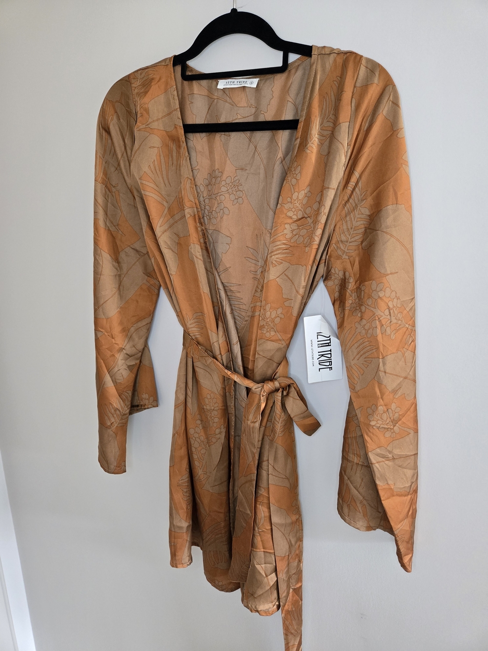 12th Tribe Bronze/Orange Floral Satin Wrap Robe (New With Tags)